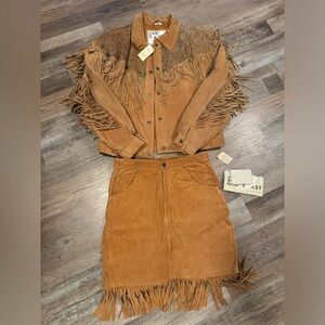 Vintage 1970s East West Fringe Leather Jacket Skirt Western Set Brown SZ M 28”